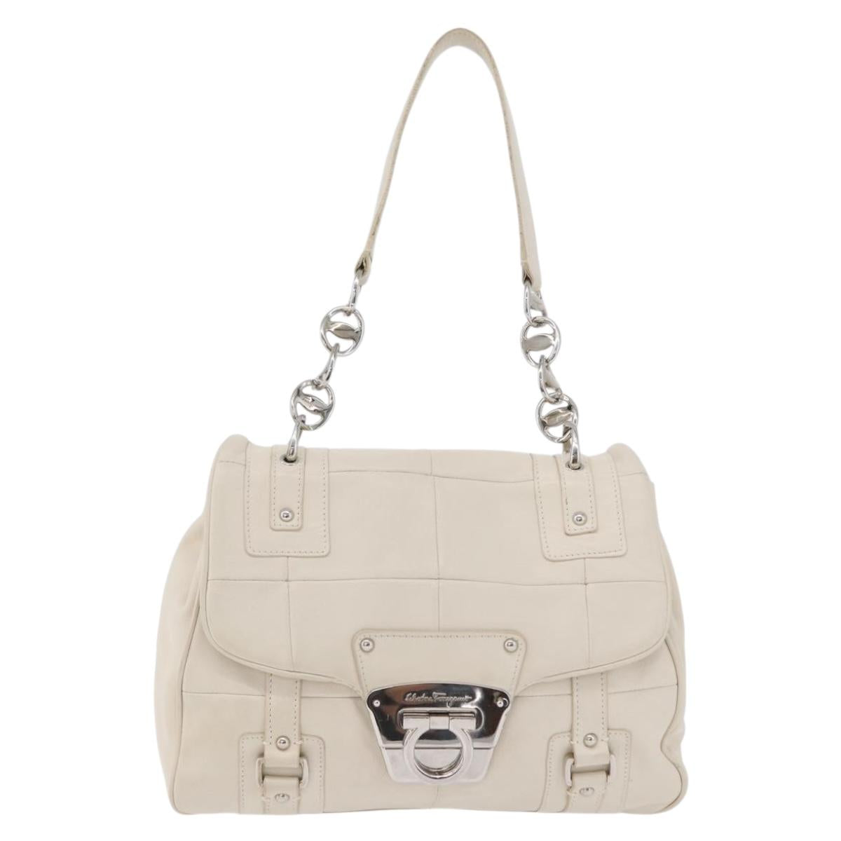 Salvatore Ferragamo One Belt Hand Bag Leather White Silver Auth am10782