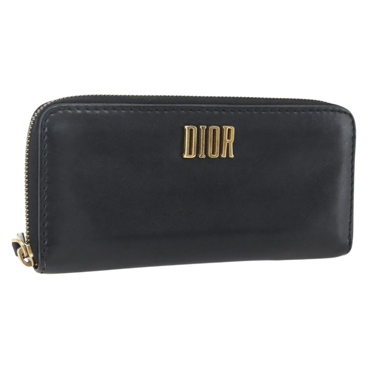 Christian Dior Round Long Wallet Leather Black Gold Auth am10801