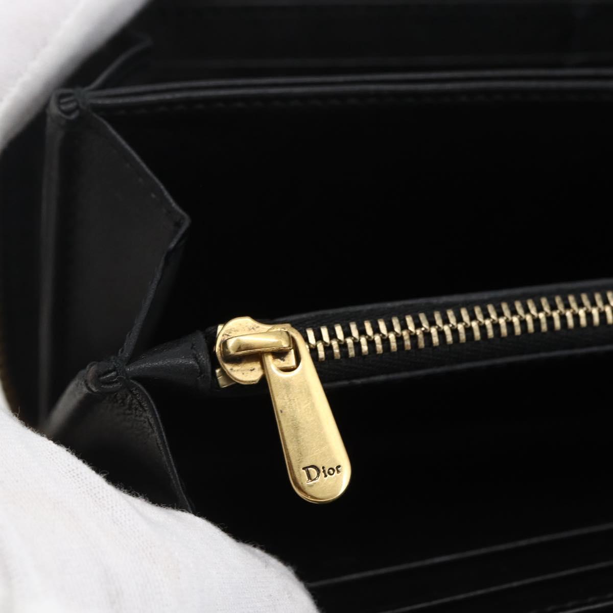 Christian Dior Round Long Wallet Leather Black Gold Auth am10801