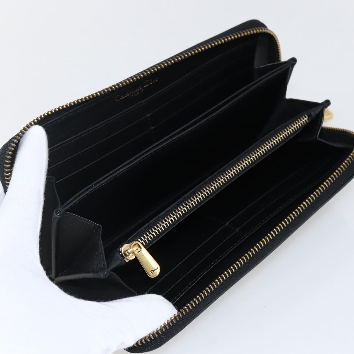 Christian Dior Round Long Wallet Leather Black Gold Auth am10801