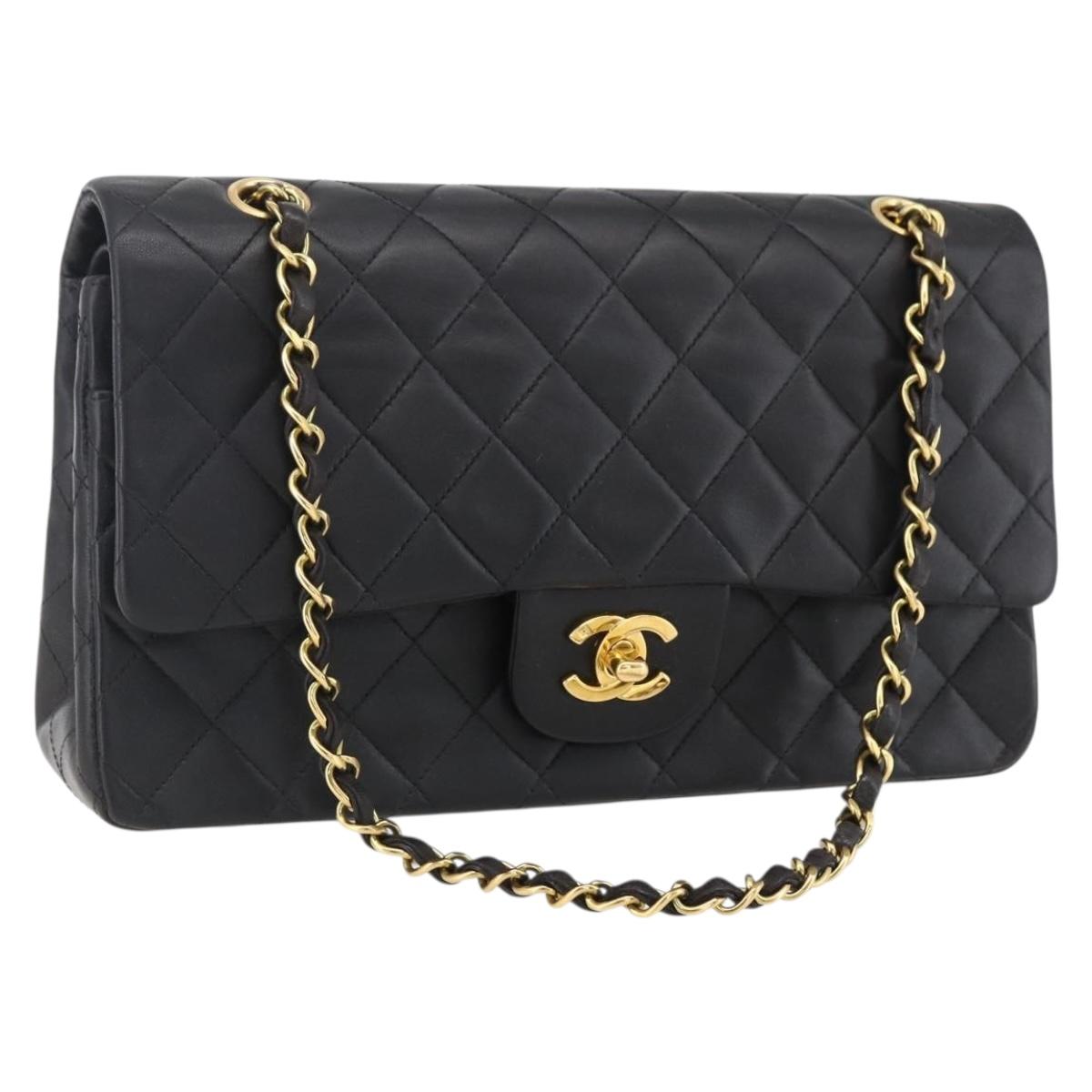 CHANEL Matelasse 25 Double Flap Chain Bag Lamb Skin Black CC Auth am10803SAM