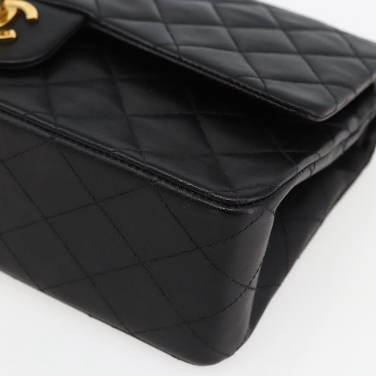 CHANEL Matelasse 25 Double Flap Chain Bag Lamb Skin Black CC Auth am10803SAM