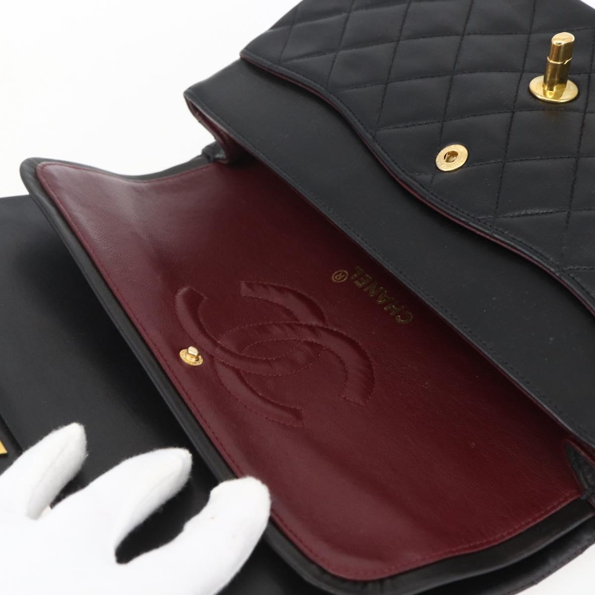 CHANEL Matelasse 25 Double Flap Chain Bag Lamb Skin Black CC Auth am10803SAM
