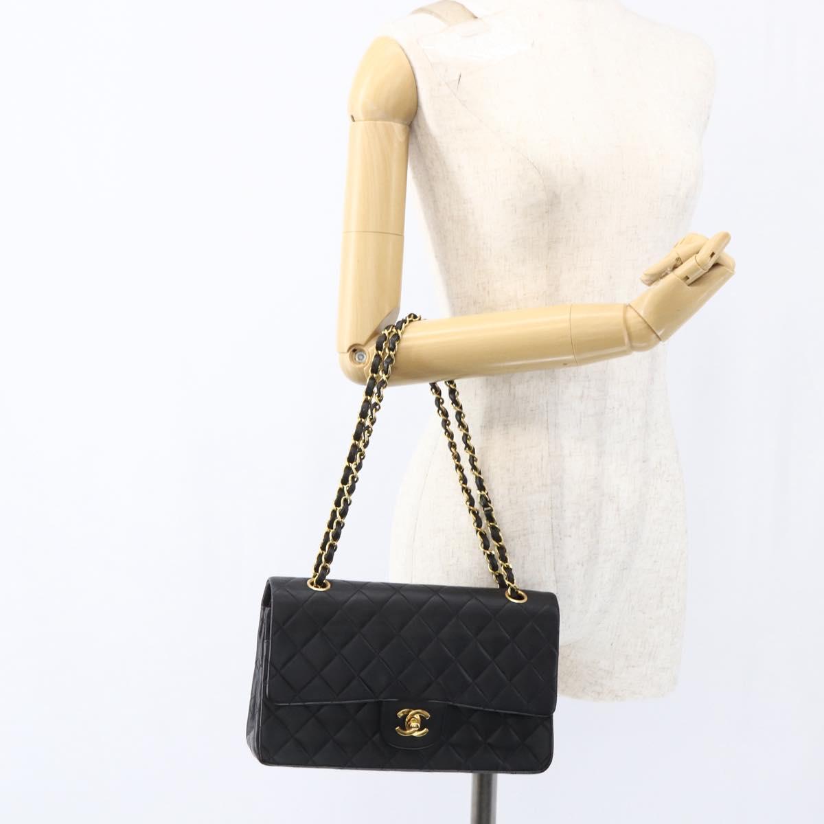 CHANEL Matelasse 25 Double Flap Chain Bag Lamb Skin Black CC Auth am10803SAM
