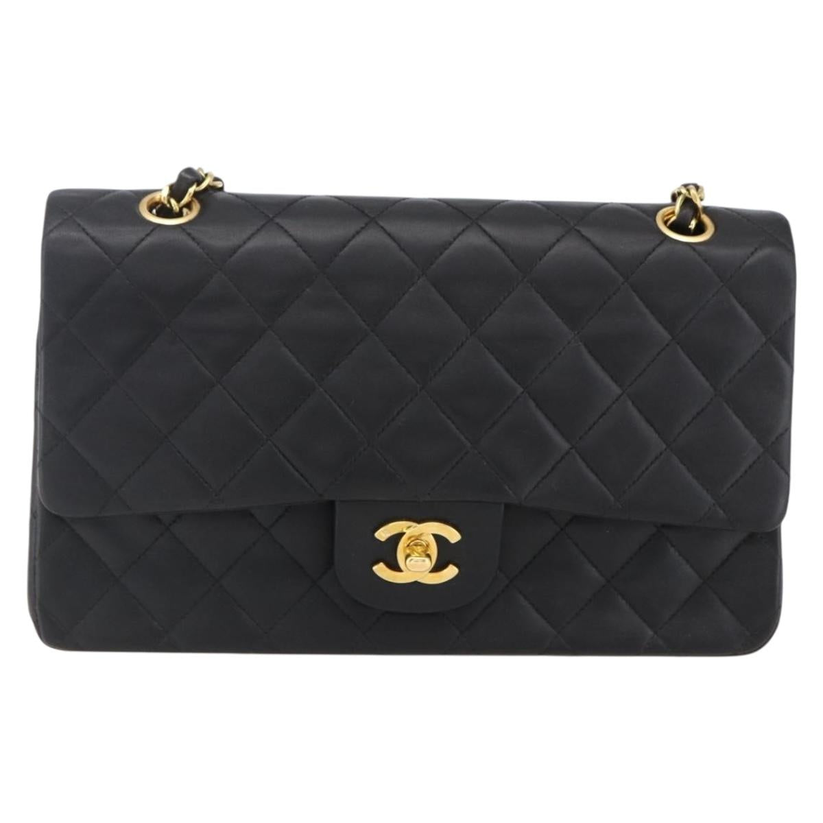 CHANEL Matelasse 25 Double Flap Chain Bag Lamb Skin Black CC Auth am10803SAM