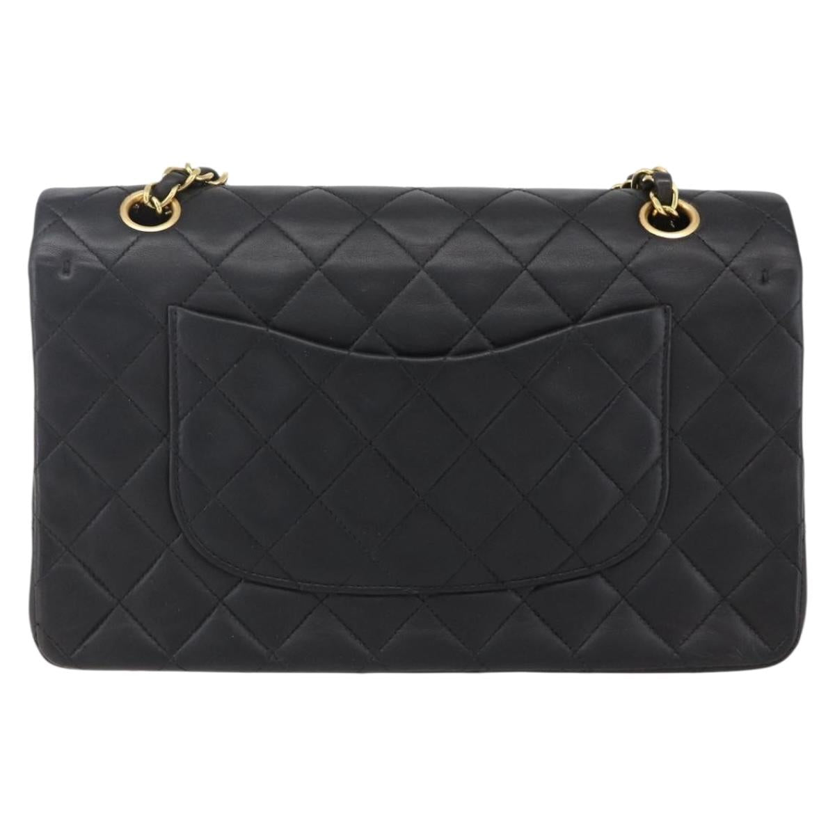 CHANEL Matelasse 25 Double Flap Chain Bag Lamb Skin Black CC Auth am10803SAM