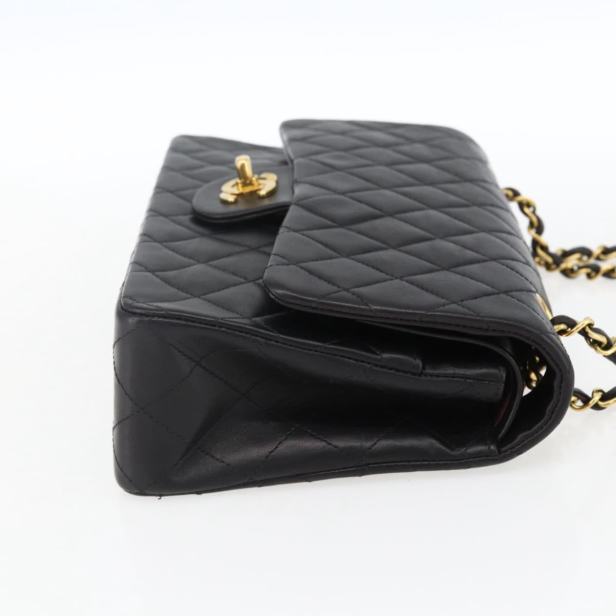 CHANEL Matelasse 25 Double Flap Chain Bag Lamb Skin Black CC Auth am10803SAM