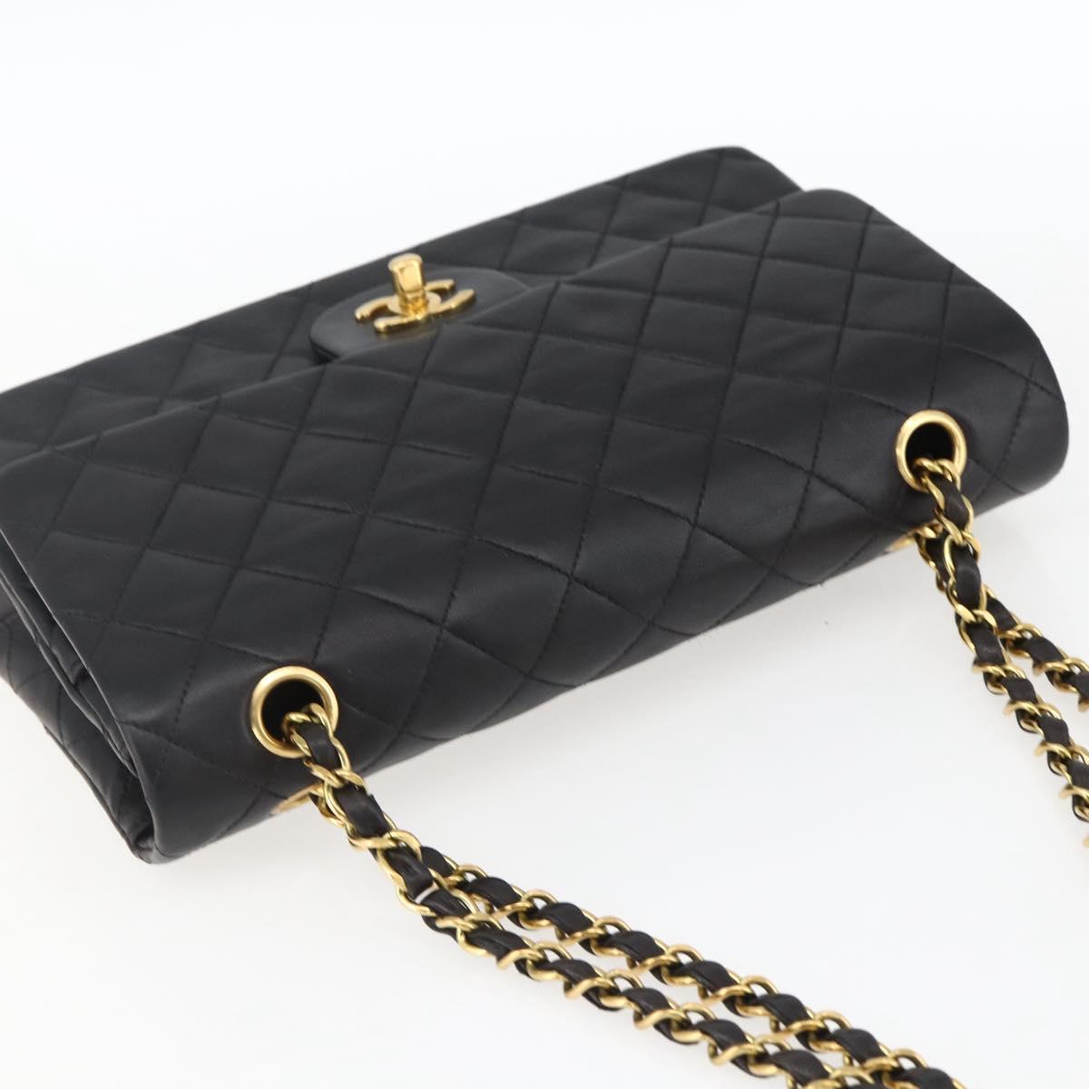 CHANEL Matelasse 25 Double Flap Chain Bag Lamb Skin Black CC Auth am10803SAM