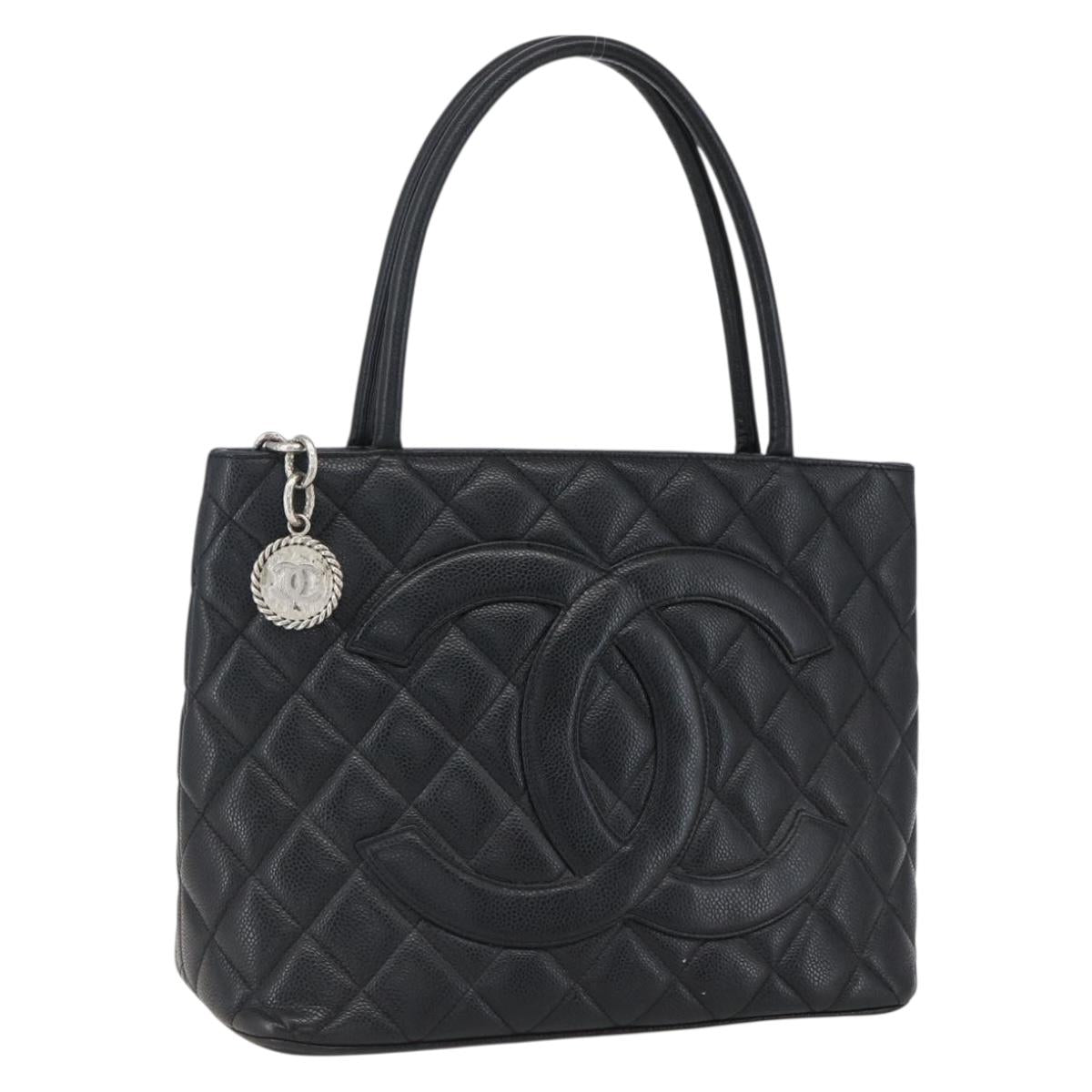 CHANEL Matelasse Reprint Tote Bag Caviar Skin Black Silver CC Auth am10812SAM