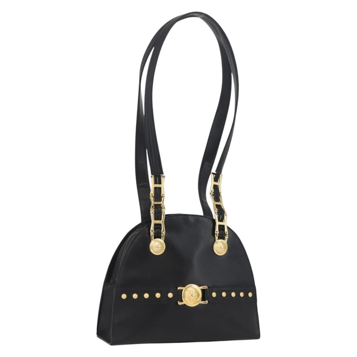 Gianni Versace Sunburst Tote Bag Leather Black Gold Auth am10821A