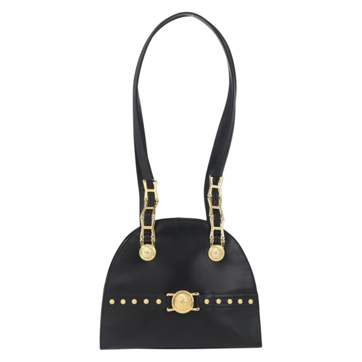 Gianni Versace Sunburst Tote Bag Leather Black Gold Auth am10821A