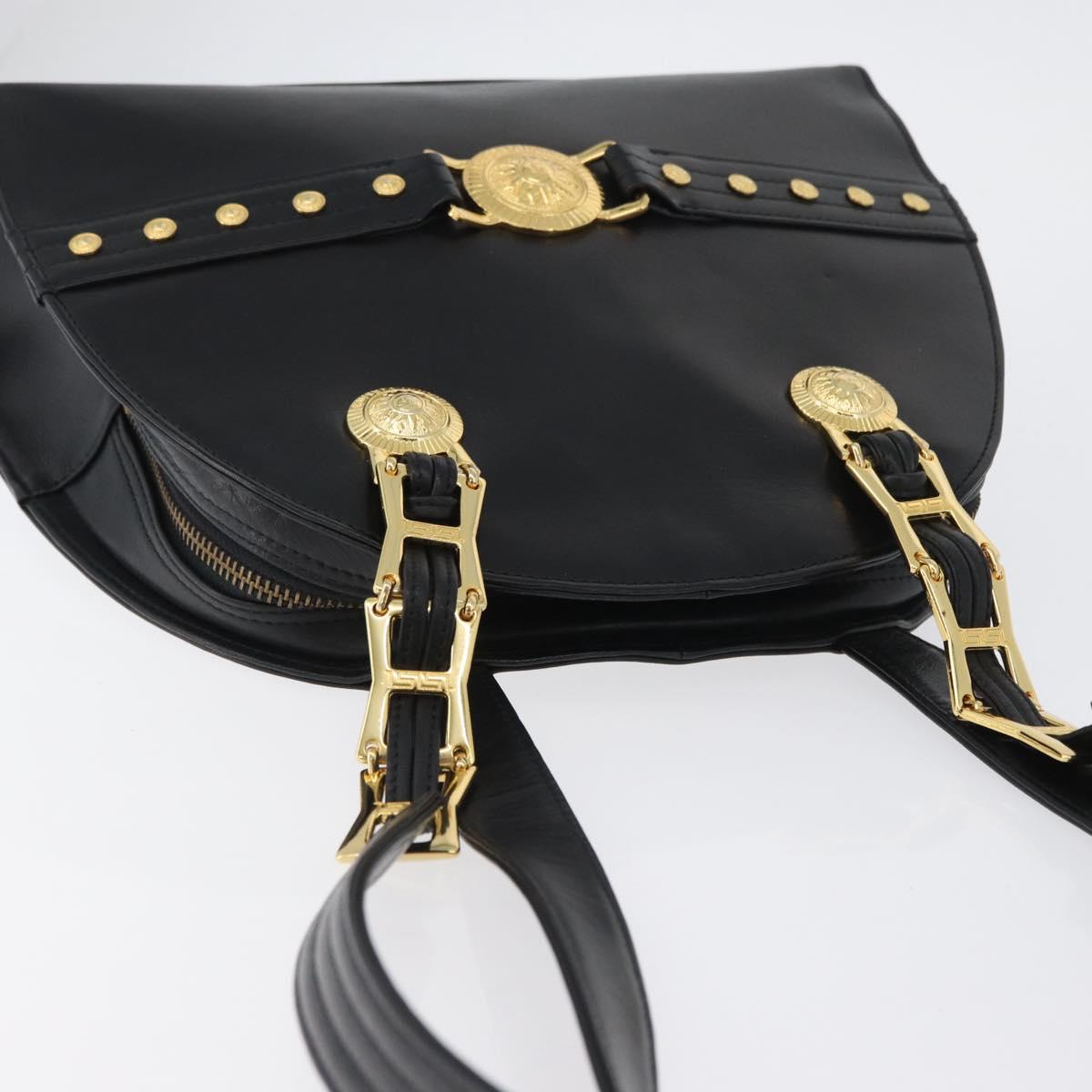 Gianni Versace Sunburst Tote Bag Leather Black Gold Auth am10821A