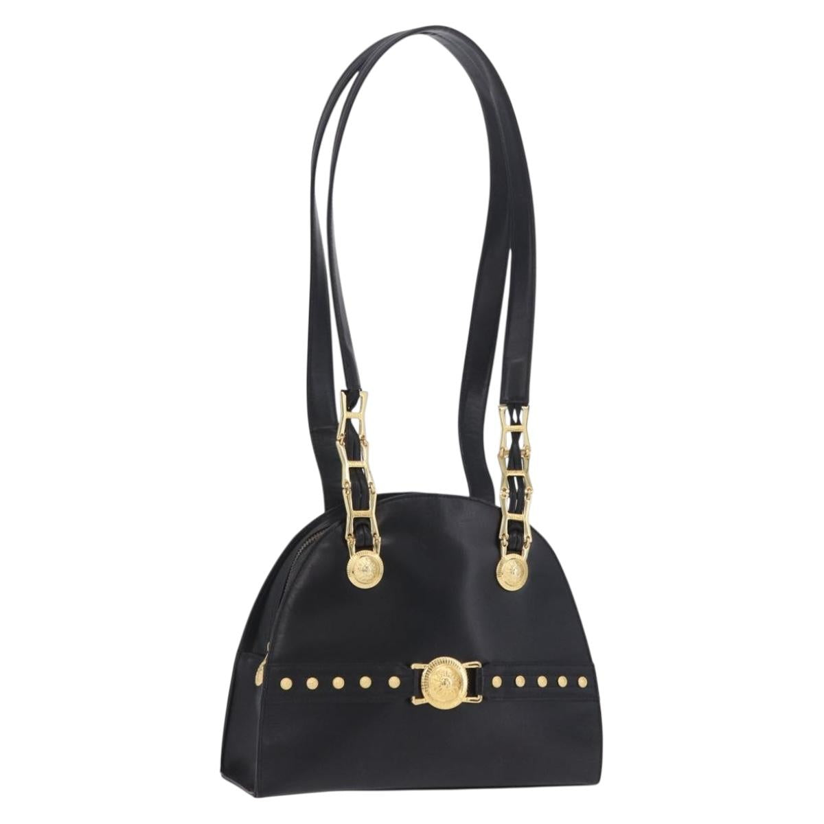 Gianni Versace Sunburst Tote Bag Leather Black Gold Auth am10821A