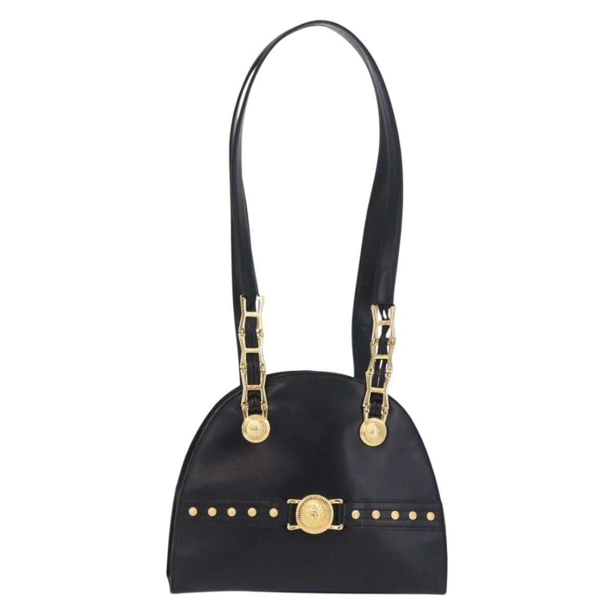 Gianni Versace Sunburst Tote Bag Leather Black Gold Auth am10821A