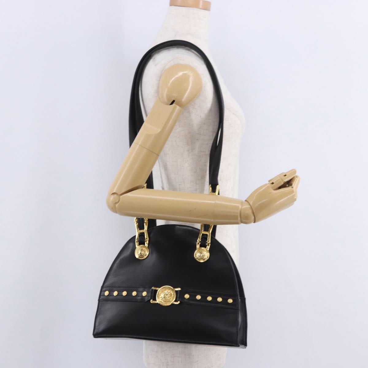 Gianni Versace Sunburst Tote Bag Leather Black Gold Auth am10821A