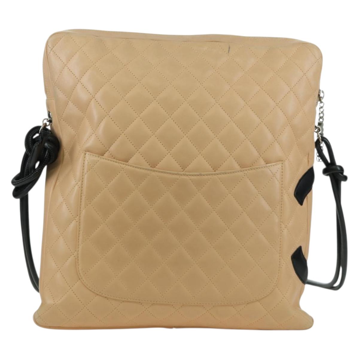 CHANEL Cambon Line Matelasse Shoulder Bag Lamb Skin Beige Black CC Auth am10849V