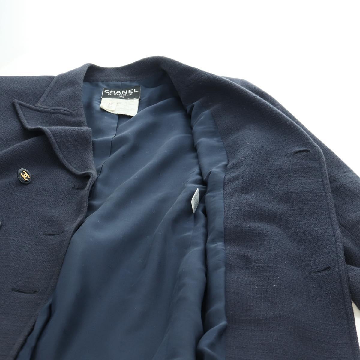 CHANEL Double Breasted jacket Coat cotton Navy CC Auth am10874V