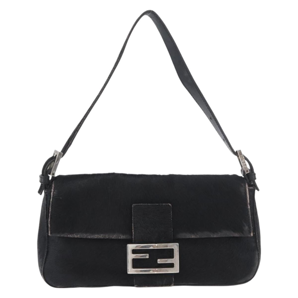 FENDI Unborn Calf Skin Mamma Baguette Shoulder Bag Black Silver Auth am10931A