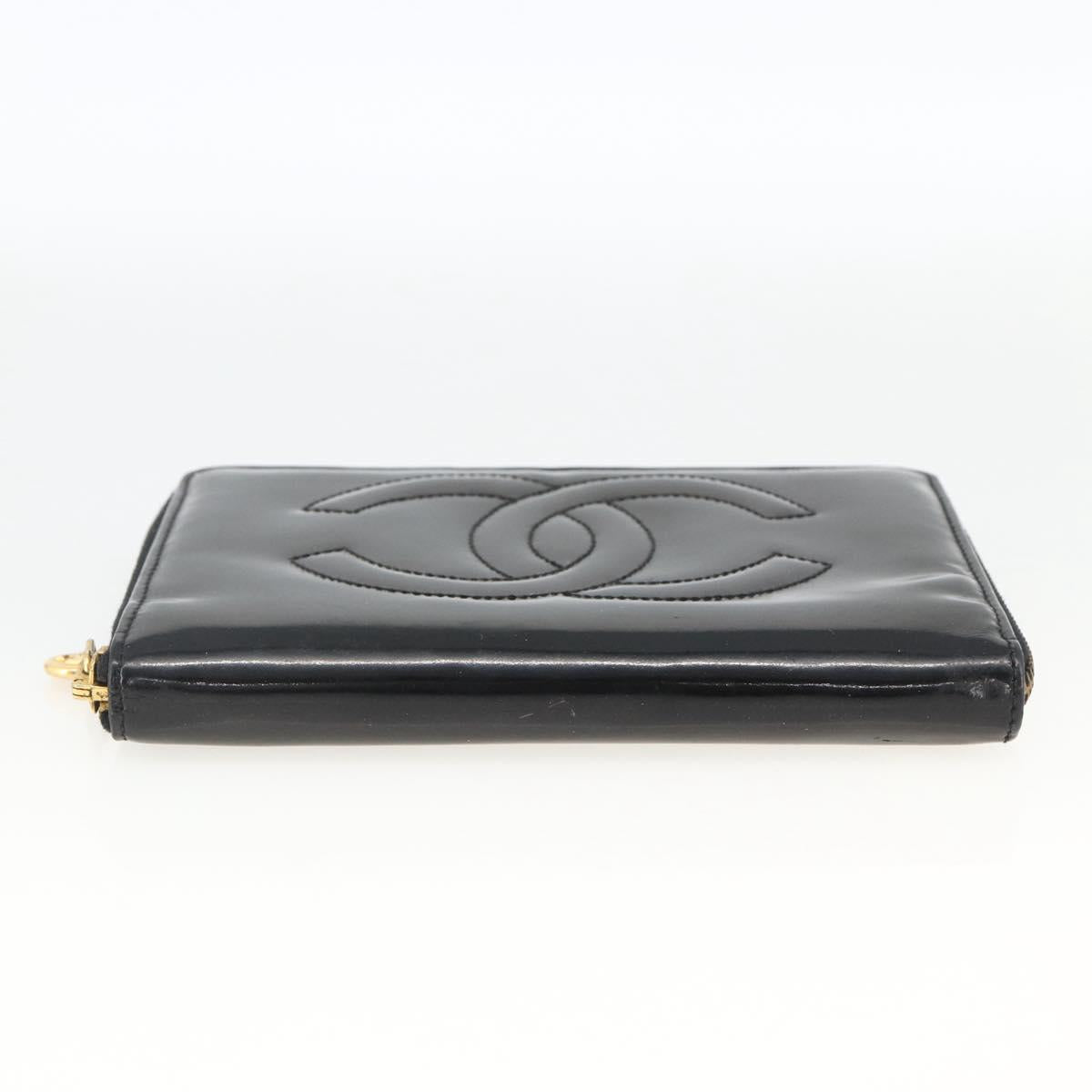 CHANEL Compact Long Wallet Patent leather Black CC Auth am10949A