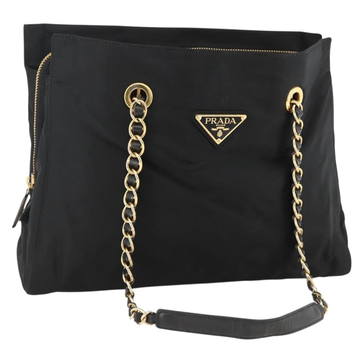 PRADA Chain Tote Bag Nylon Black Gold Auth am10950A