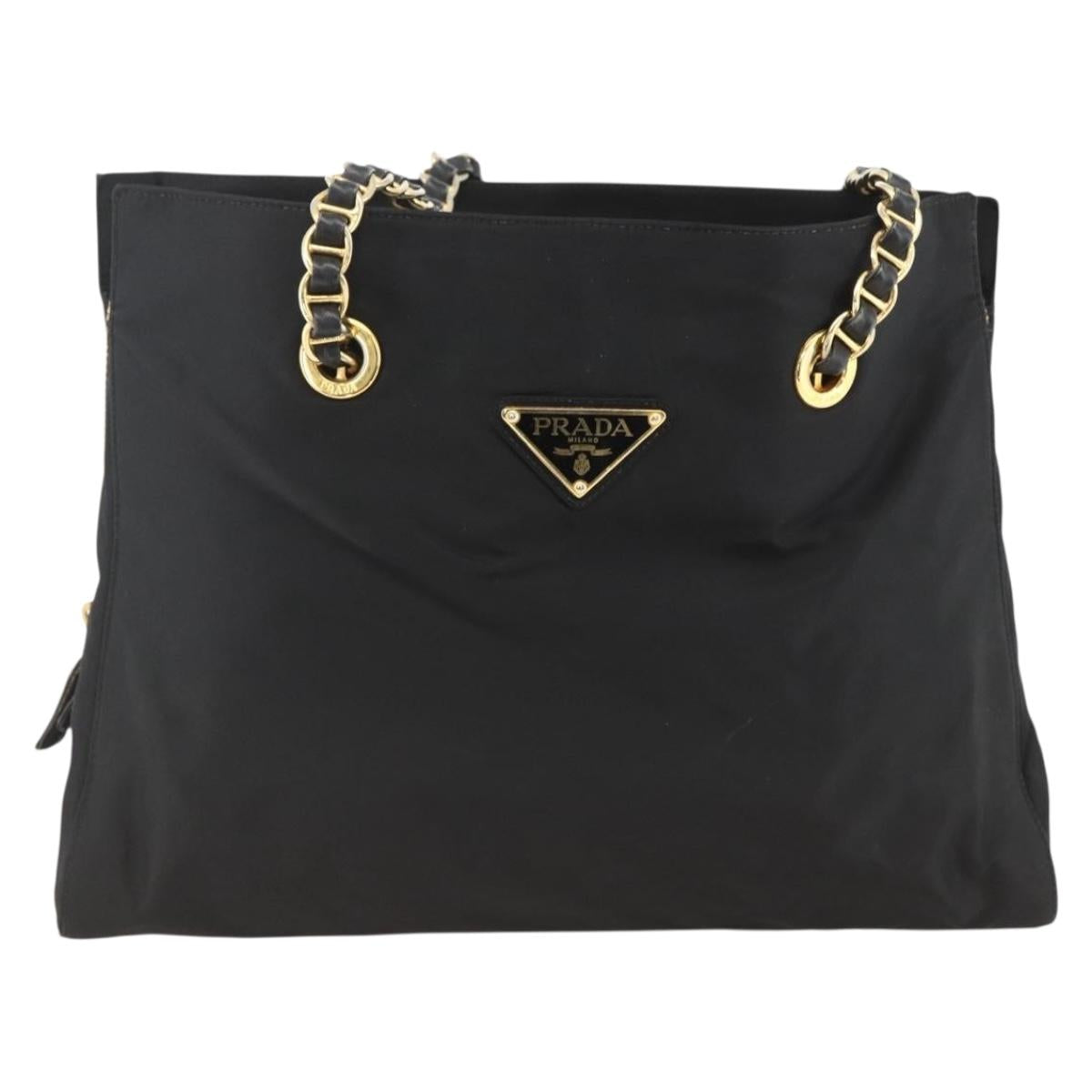PRADA Chain Tote Bag Nylon Black Gold Auth am10950A