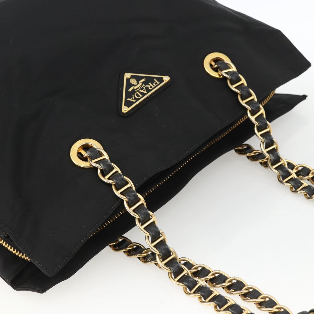 PRADA Chain Tote Bag Nylon Black Gold Auth am10950A