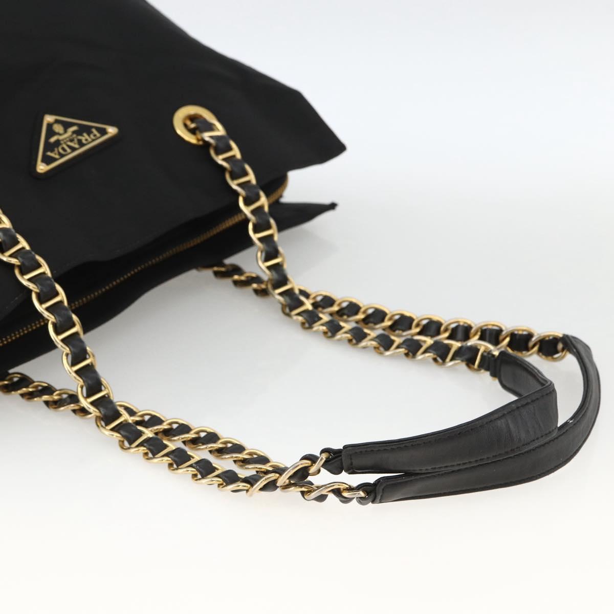 PRADA Chain Tote Bag Nylon Black Gold Auth am10950A