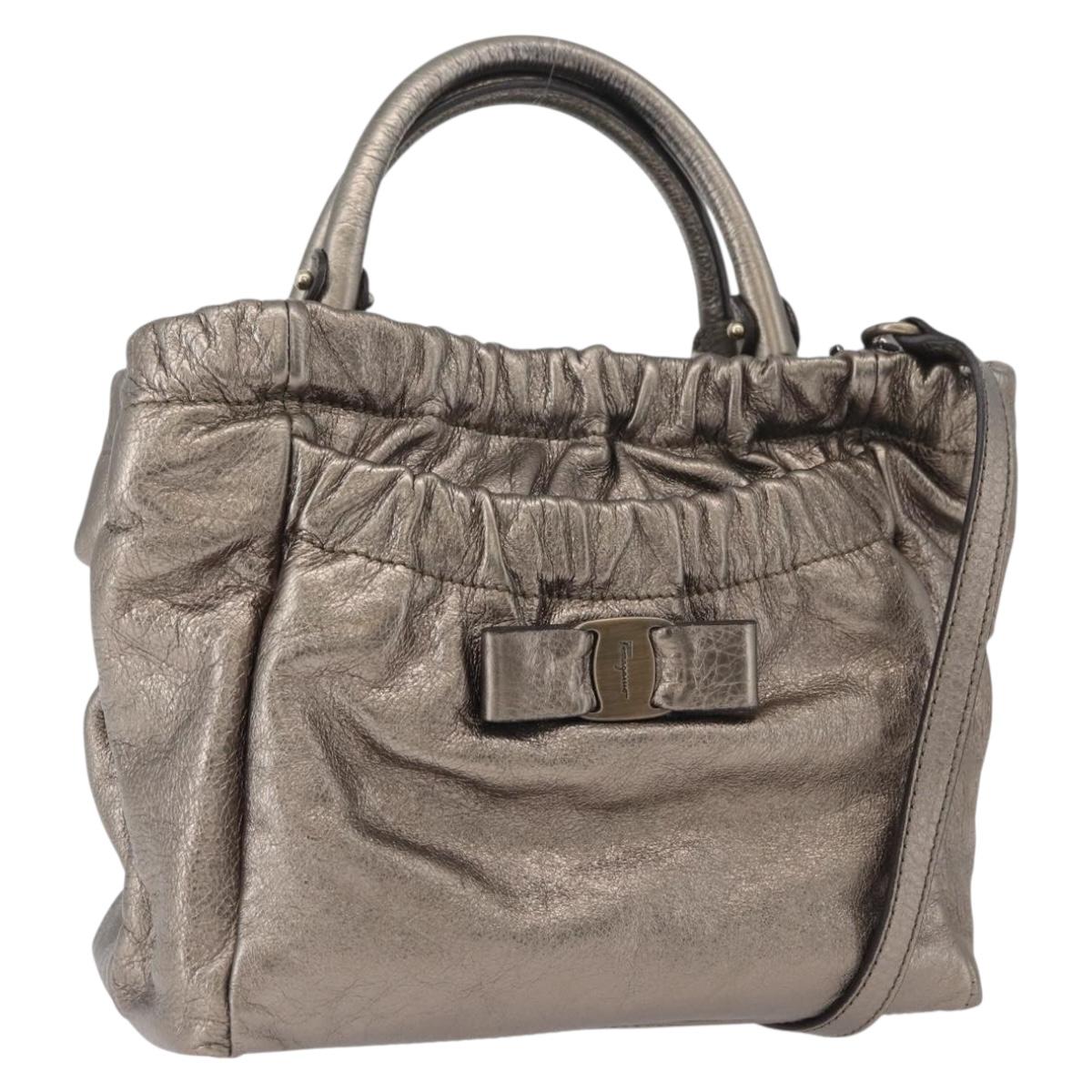 Salvatore Ferragamo Vala Hand Bag Leather 2way Silver Auth am10956