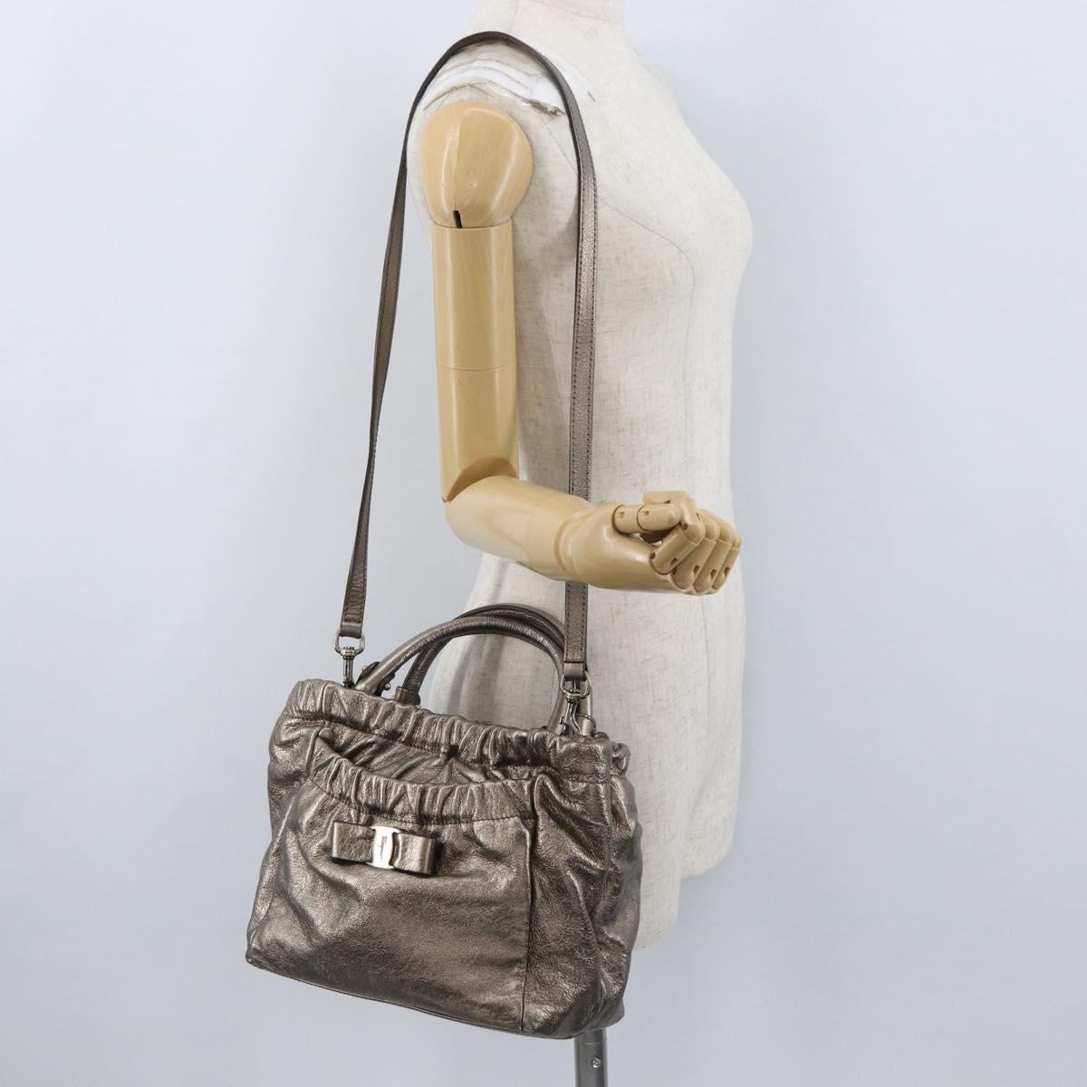 Salvatore Ferragamo Vala Hand Bag Leather 2way Silver Auth am10956