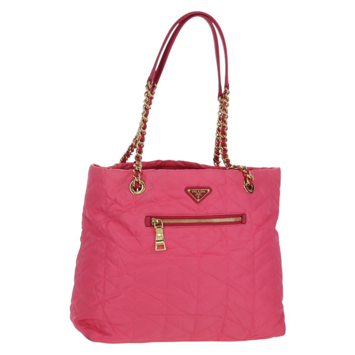 PRADA Chain Tote Bag Nylon Gold Pink Auth am10964V
