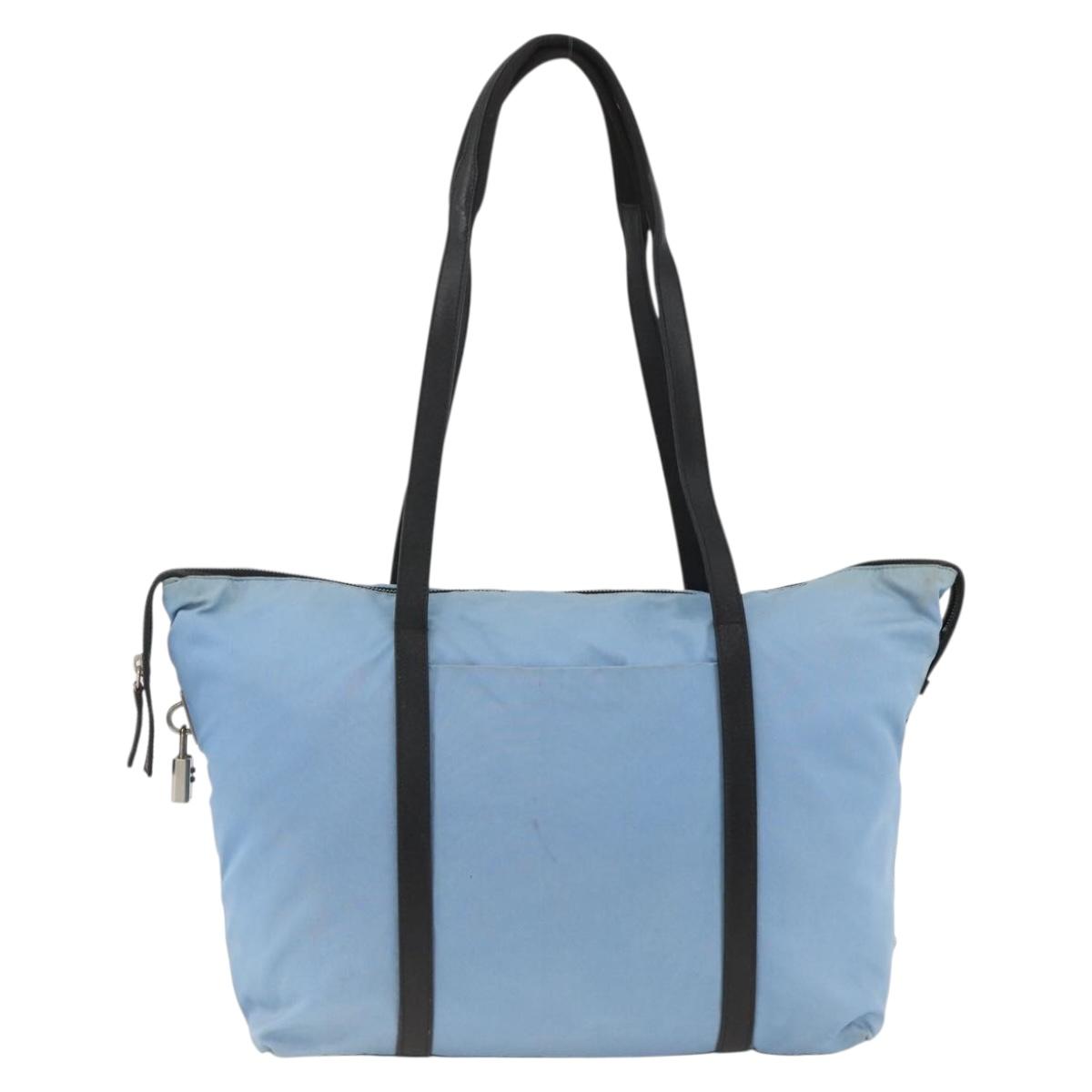 PRADA Tote Bag Nylon Leather Light Blue Silver Auth am11000