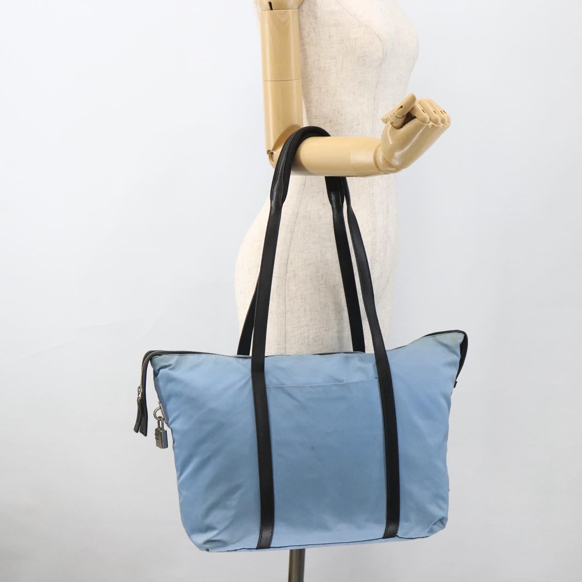 PRADA Tote Bag Nylon Leather Light Blue Silver Auth am11000