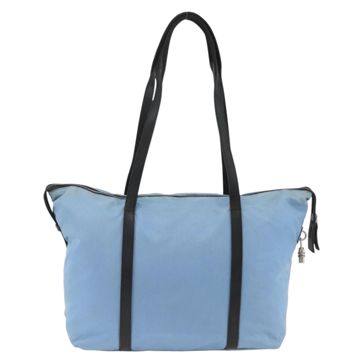 PRADA Tote Bag Nylon Leather Light Blue Silver Auth am11000