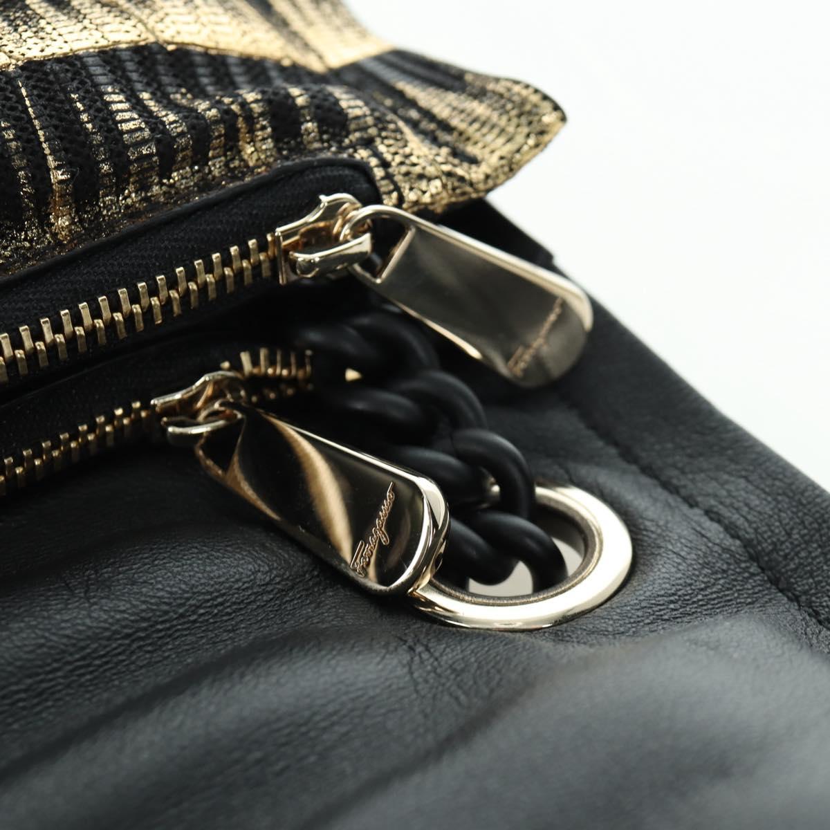 Salvatore Ferragamo Vala Chain Shoulder Bag Leather Black Gold Auth am11001V