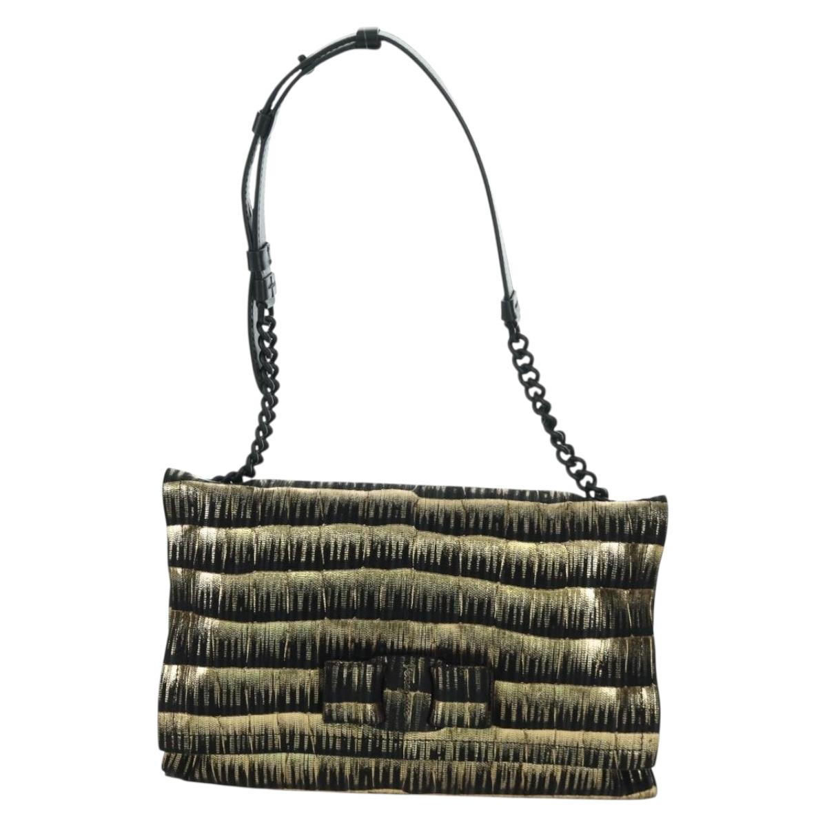 Salvatore Ferragamo Vala Chain Shoulder Bag Leather Black Gold Auth am11001V