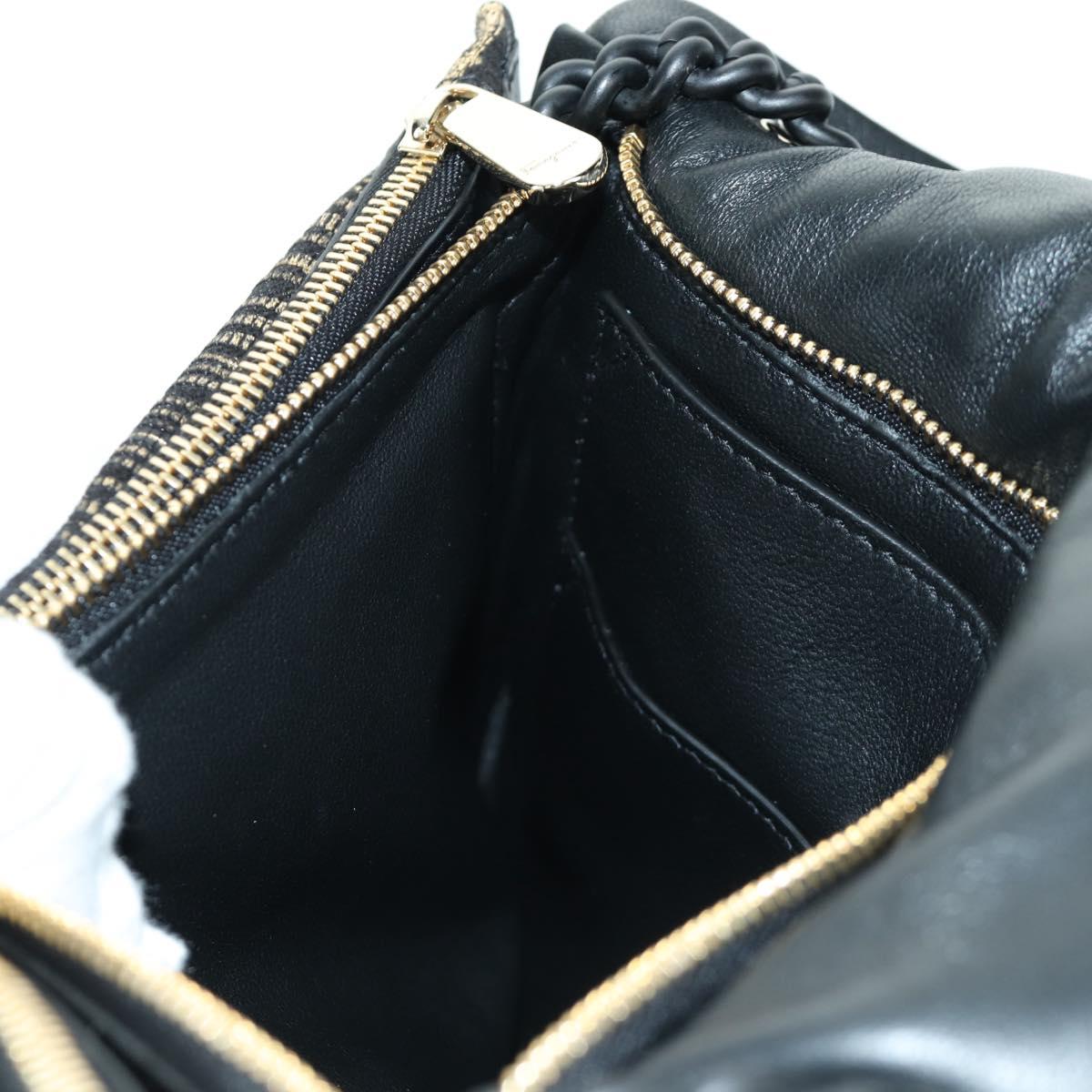 Salvatore Ferragamo Vala Chain Shoulder Bag Leather Black Gold Auth am11001V