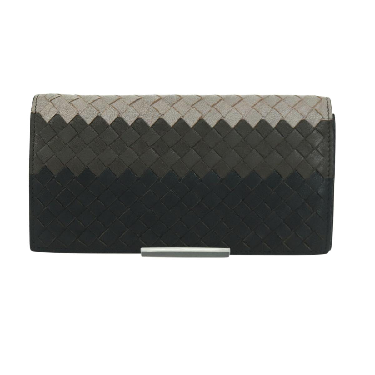 BOTTEGA VENETA INTRECCIATO Long Wallet Leather Navy Gray Ivory Auth am11043A