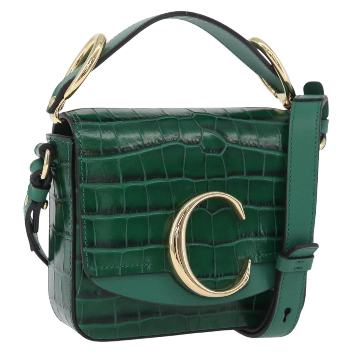 Chloe C Hand Bag Embossed Leather 2way Green Gold Auth am11062V