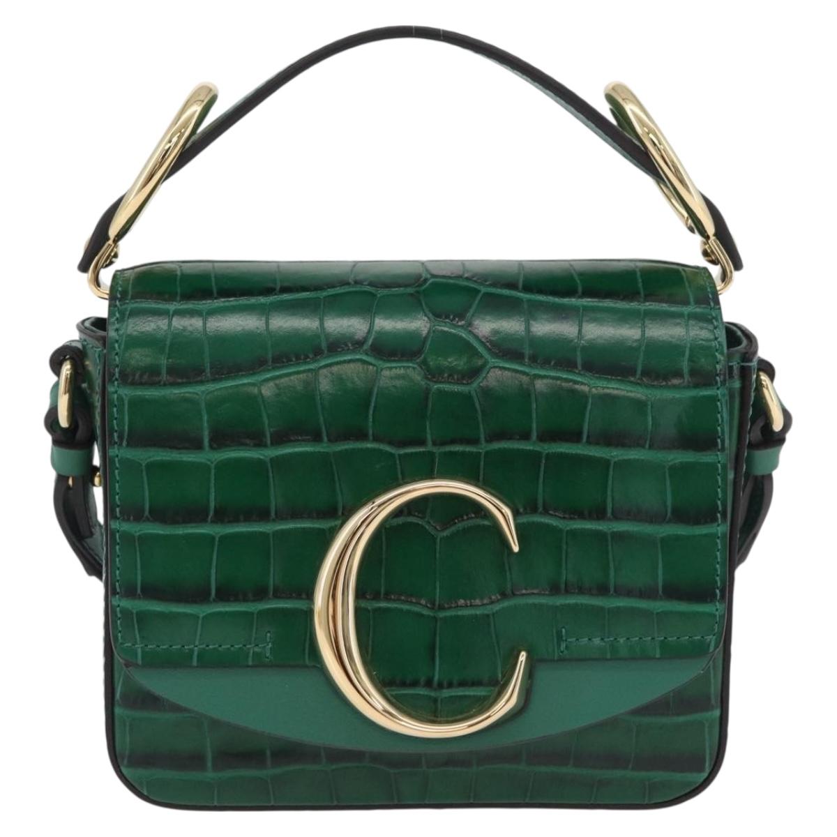 Chloe C Hand Bag Embossed Leather 2way Green Gold Auth am11062V