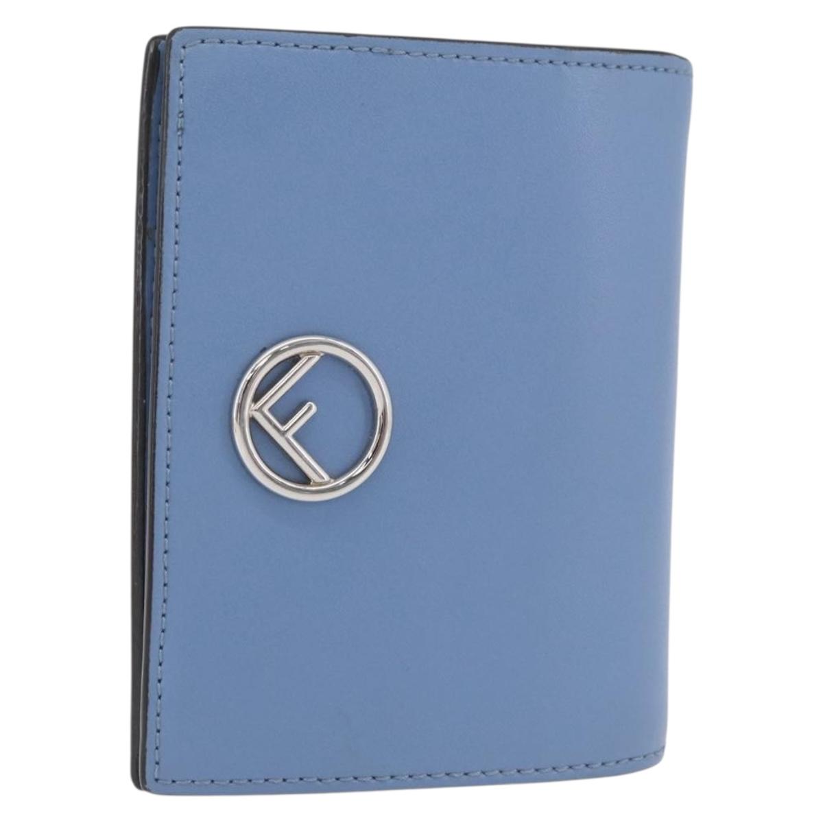 FENDI F-Is Bi-fold Bifold Wallet Leather Light Blue Silver Auth am11084A
