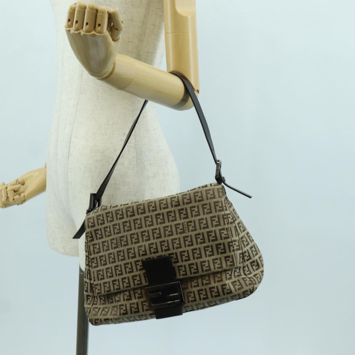 FENDI Zucchino Canvas Mamma bucket Hand Bag Beige Silver Auth am11099V