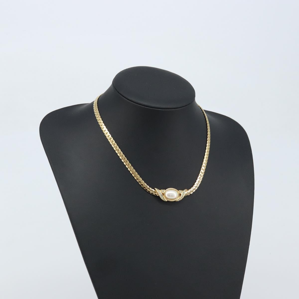 Christian Dior Pearl Rhinestone Necklace metal Gold Auth am11102A