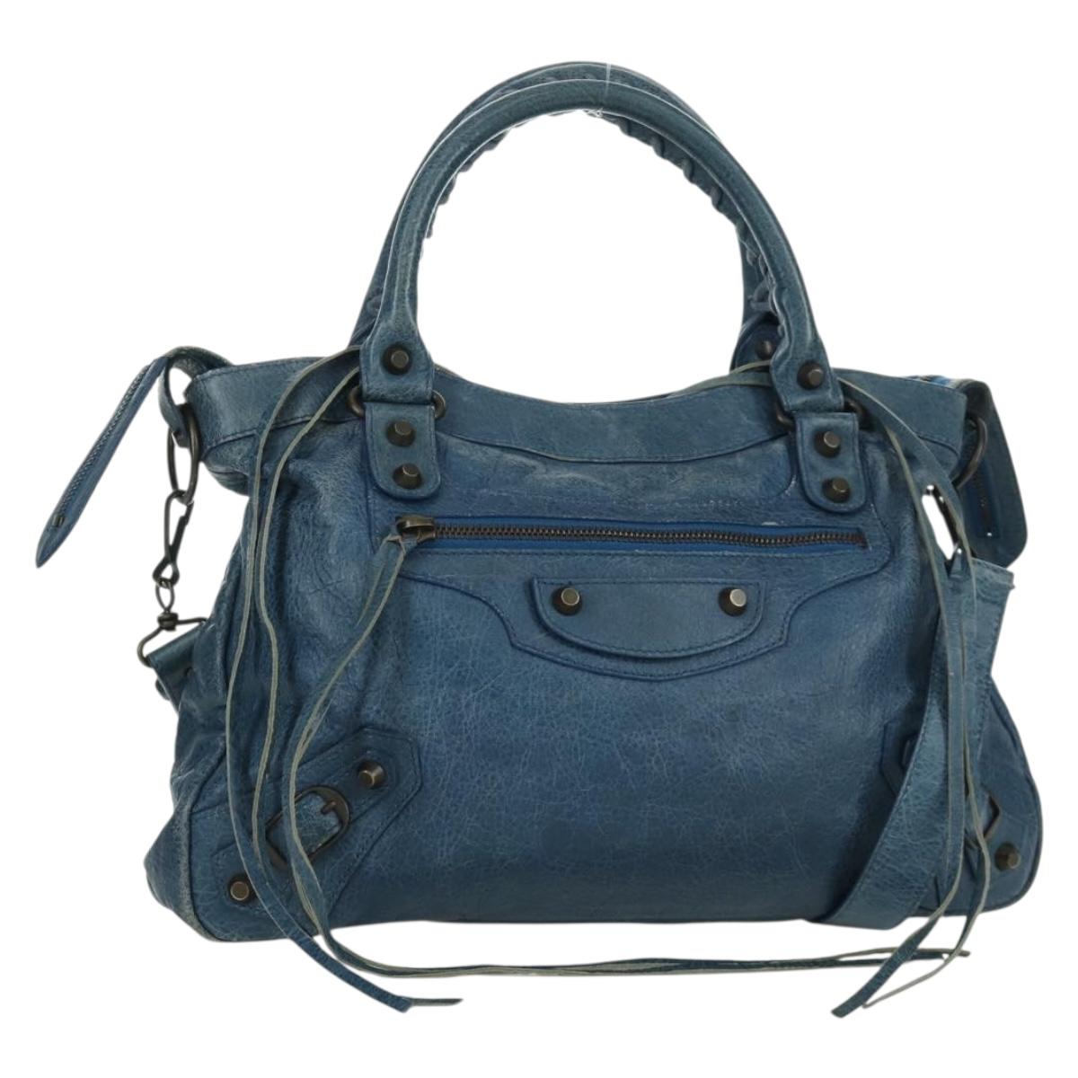 BALENCIAGA The Town Hand Bag Leather 2way Blue 240579 Auth am11151V