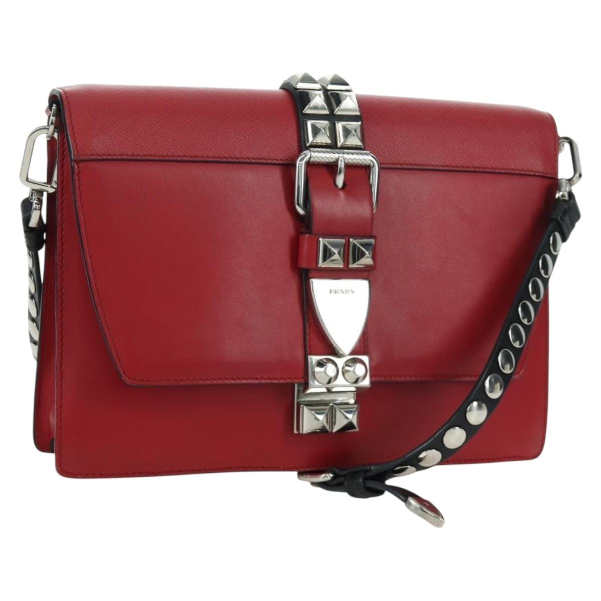 PRADA Electra Studs Chain Shoulder Bag Leather Red Silver Auth am11175V