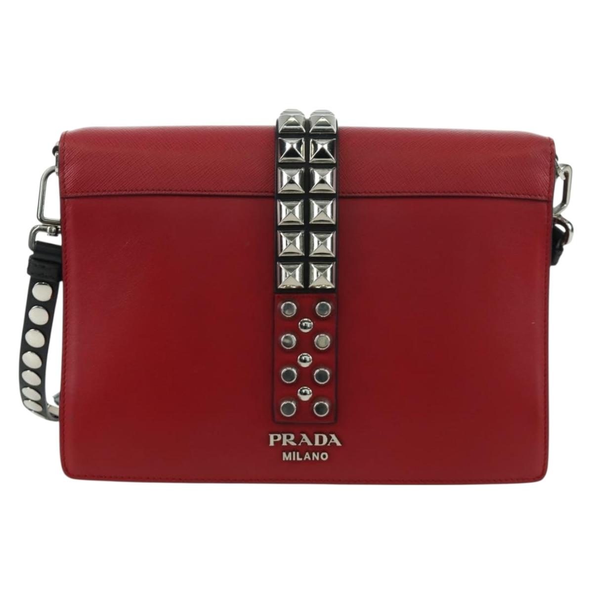 PRADA Electra Studs Chain Shoulder Bag Leather Red Silver Auth am11175V