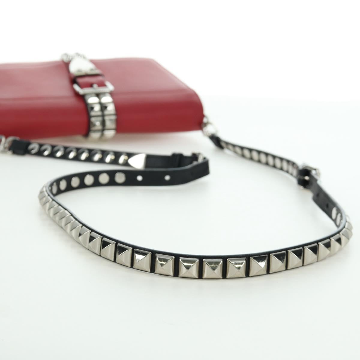PRADA Electra Studs Chain Shoulder Bag Leather Red Silver Auth am11175V