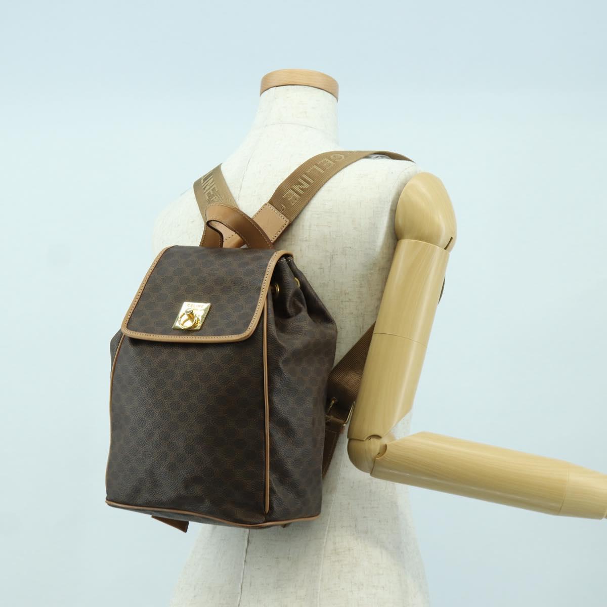 CELINE Macadam Canvas Backpack PVC Leather Brown Gold Auth am11186A