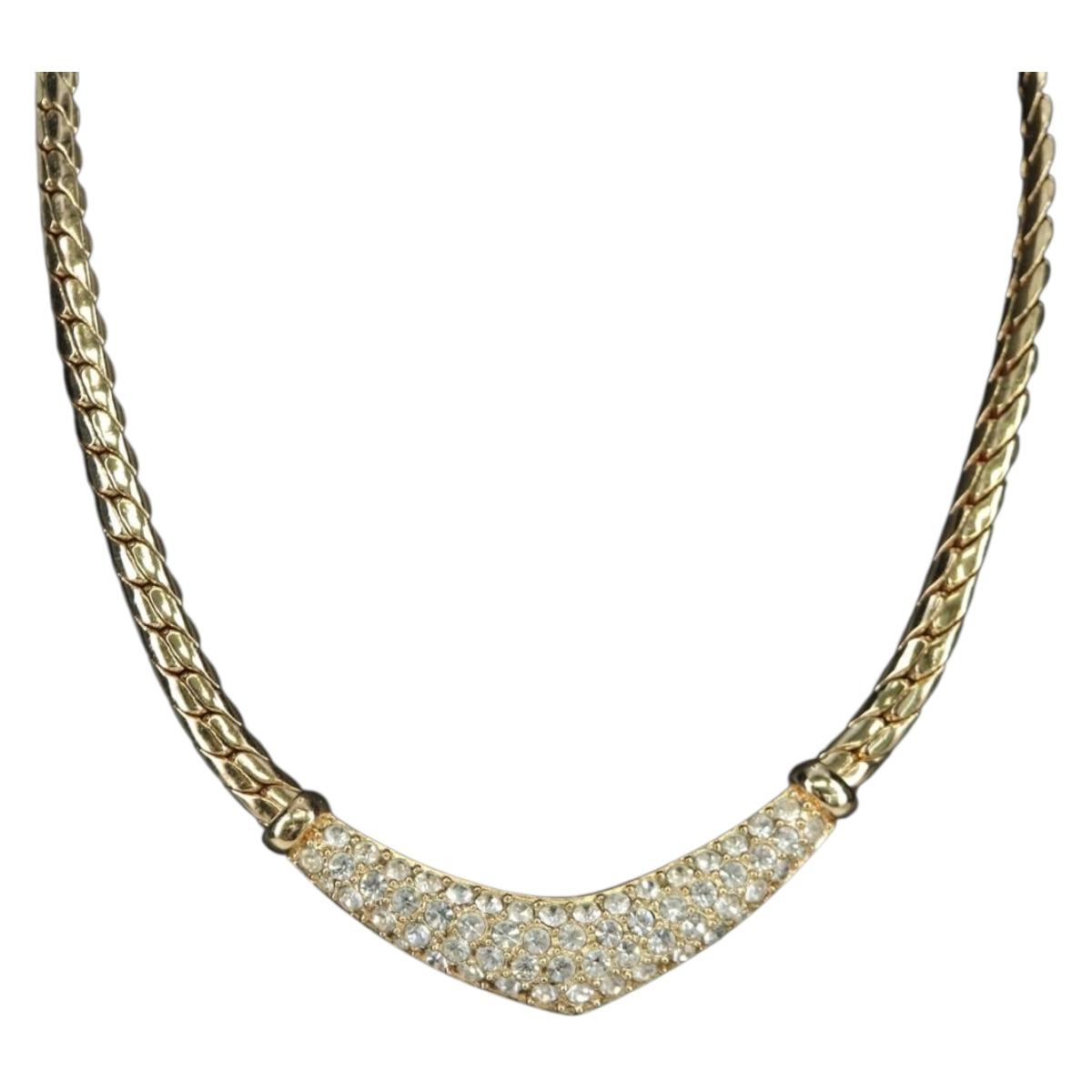 Christian Dior Rhinestone Necklace metal Gold Auth am11192V