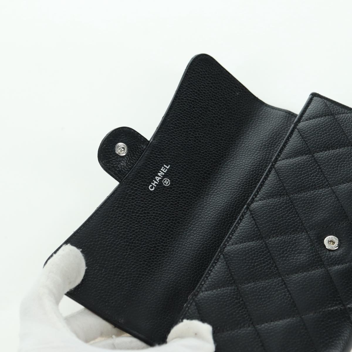 CHANEL Matelasse Long Wallet Caviar Skin Black Silver CC Auth am11194M