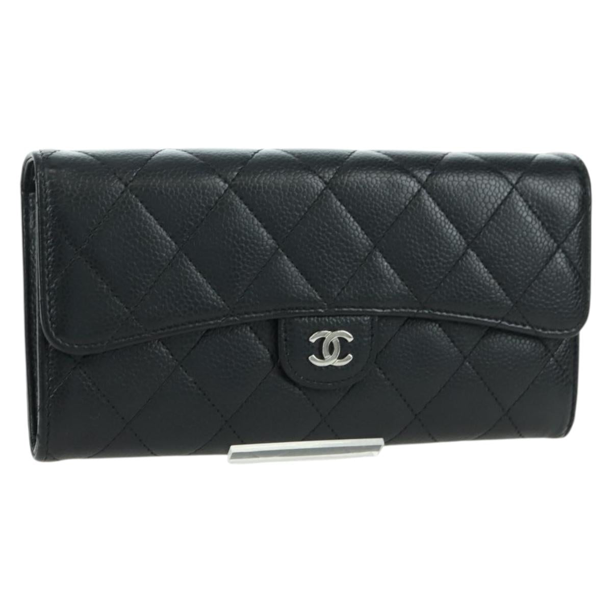CHANEL Matelasse Long Wallet Caviar Skin Black Silver CC Auth am11194M